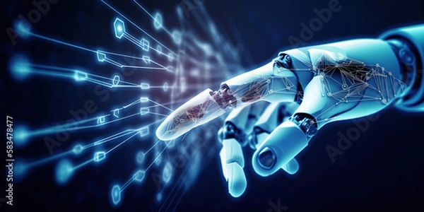 Fototapeta Robot Hands Touching Big Data Network Connection: Science, AI Technology, Innovation and Futuristic Machine Learning. generative ai.