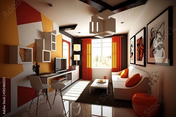 Fototapeta A bedroom with a stylish and modern design. The room features a comfortable bed with crisp white linens. Generative of AI