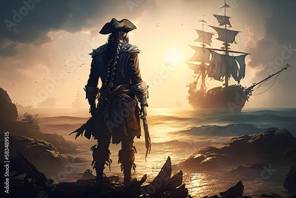 Fototapeta Pirate near ship in the ocean. Generative AI