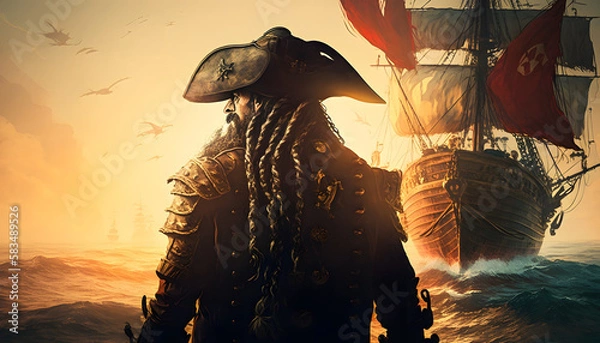 Obraz Pirate near ship in the ocean. Generative AI