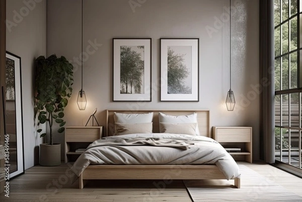 Fototapeta View of a modern bedroom with a picture frame and a white hanging lamp, basic interior design concept. Generative AI