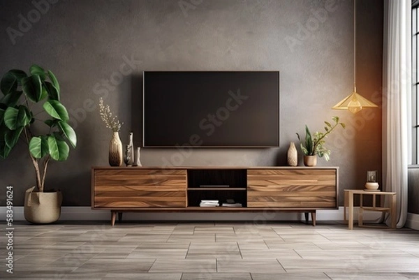 Fototapeta Brown living room with widescreen TV and sideboard. Generative AI