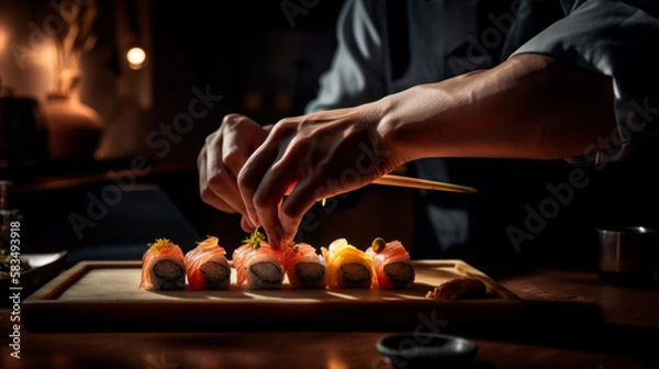 Obraz Traditional sushi chef prepairing fresh sushi for dinner, generative ai