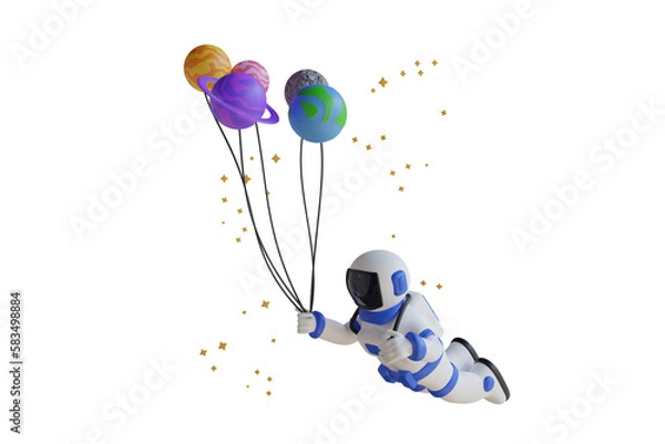 Obraz 3d illustration of astronaut flying with planet balloons. Astronaut Floating With Planet balloons In Space. 3D Illustration
