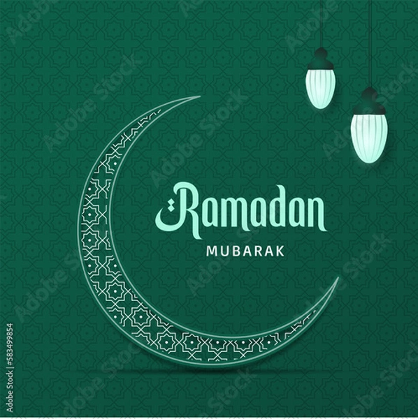 Fototapeta Ramadan Mubarak Banner with Green Background Lanterns, Moon