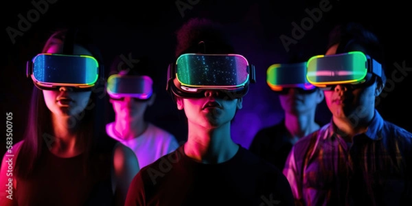 Fototapeta Young People Using VR Headset: Virtual Reality and Future Technology Concept in Colorful Neon Lights. generative ai.
