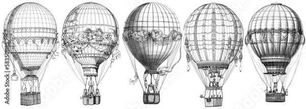 Fototapeta Concept sketches of hot air balloons in ink & pencil, illustrating aerial adventure and whimsy. Creative designs showcase flight, sky, and ballooning details, all beautifully crafted by Generative AI