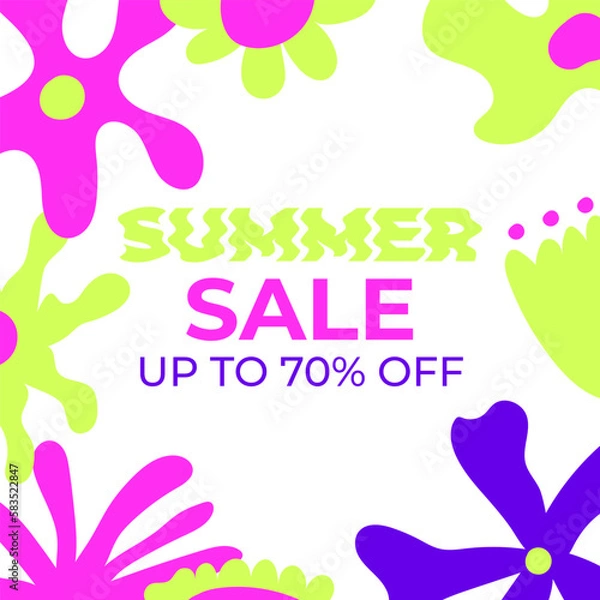 Fototapeta Summer Sale banner with abstract tropical leaves and minimal flowers. Design templates for sale, advertising, promo events. Minimalist and modern style