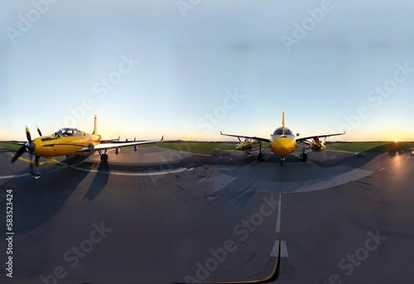 Fototapeta Photo of two vibrant yellow planes parked on a runway, illuminated by the warm glow of a stunning sunset