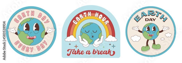 Fototapeta A set of stickers with the character planet Earth. Groovy illustration for Earth Day. Vector illustration, editable stroke