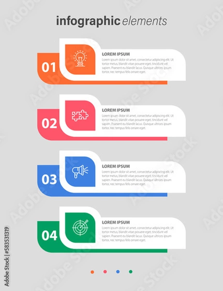 Obraz Modern infographic template with 4 steps. Business unique creative shape template with options for brochure, diagram, workflow, timeline, web design, presentation. Infographic design. Vector EPS 10.
