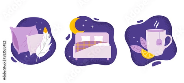 Fototapeta Set of items for better sleep. Sleep time. Comfortable pillows, bed, and natural herbal tea. Relaxation, sleeping concepts. Trendy vector flat illustrations.
