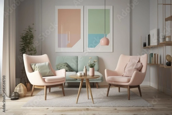 Fototapeta A contemporary living room with two modern chairs and a table. minimalist design idea style in pastel tones. Generative AI