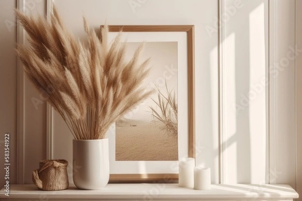 Fototapeta A flatlay of pampas grass, a canvas mockup with an empty wooden frame, dry grass in the sun, and deep shadows. Background of white wainscot wall paneling. Nordic style interior. Generative AI