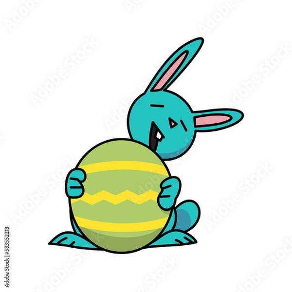 Obraz blue easter bunny holding green easter egg flat vector illustration.