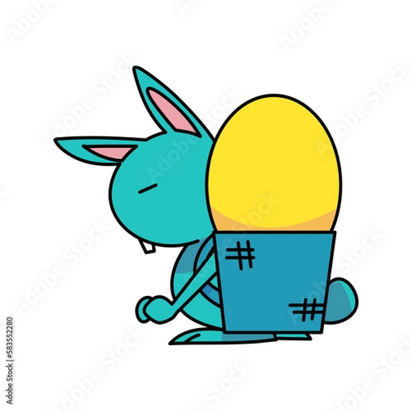 Fototapeta Easter blue bunny holding Easter eggs. flat vector illustration.