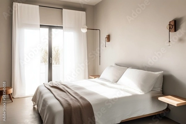 Fototapeta A serene and minimalist bedroom with a platform bed, white bedding, and a statement wall sconce, featuring a neutral color palette and plenty of natural light. Generative AI