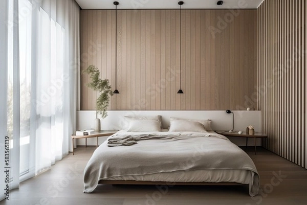 Fototapeta A cozy and minimalist bedroom with a platform bed, white bedding, and a wooden accent wall, featuring a neutral color palette and plenty of natural light. Generative AI