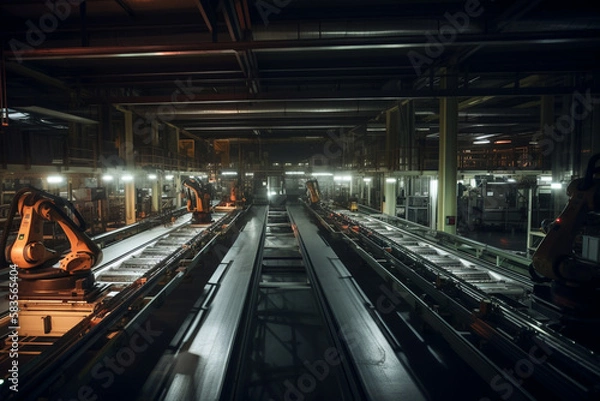 Fototapeta modern factory interior with robotic automated production line. Generative AI