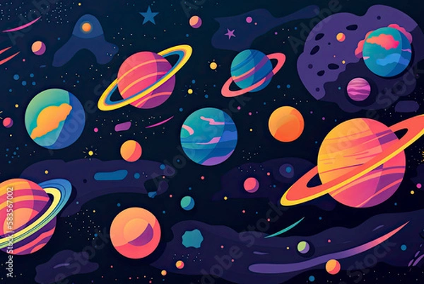 Fototapeta a colorful space scene with planets, astroids, stars, nebulas and comets. Concept and background related to space, space exploration and observation and astronomy