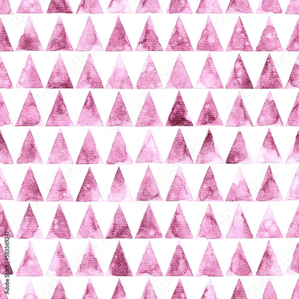 Fototapeta Seamless watercolor pattern. Cute geometric background. Grunge paper texture. Pink triangles on a white background. Handmade.