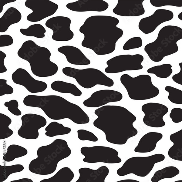 Fototapeta Vector cow pattern seamless background. Black irregular patches on white backdrop. Abstract cows skin texture illustration. Random bovine spots hand drawn design.