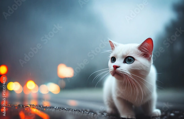 Fototapeta white kitten. Blurred, cloudy background. Generative AI