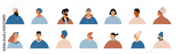 Fototapeta Set diversity persons portrait. Team diverse men and women of different races. Characters bundle of people avatars. Colored vector cartoon illustration.