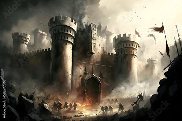 Fototapeta Epic battle near castle. Generative AI