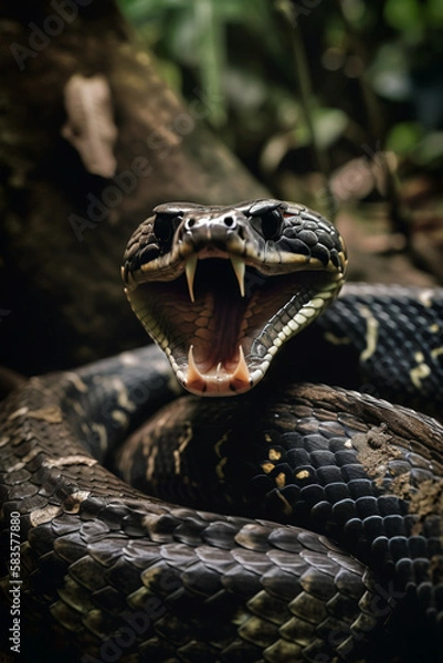 Obraz Focus on an angry snake in the jungle. AI Generative.