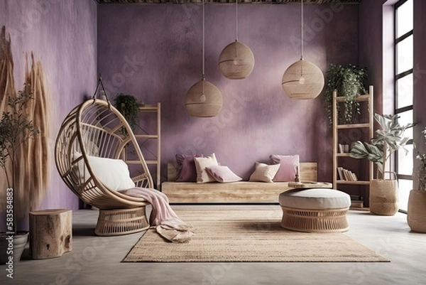 Fototapeta Japanese styled interior design for a home in white and purple tones, a living room in the wabi sabi aesthetic, a wall mockup, and rattan hanging chairs with decorations. Generative AI