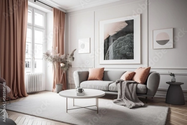 Fototapeta Interior of a Scandinavian apartment with a cozy couch. Generative AI