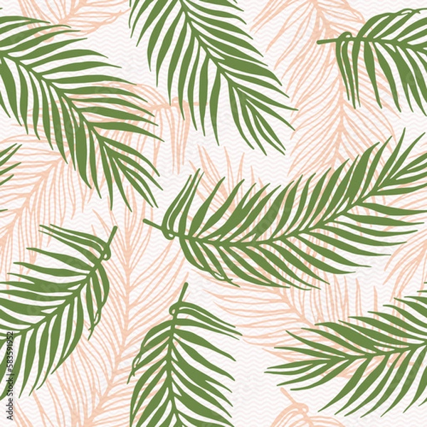 Fototapeta Seamless exotic palm leaves vector pattern. Floral design over waves texture