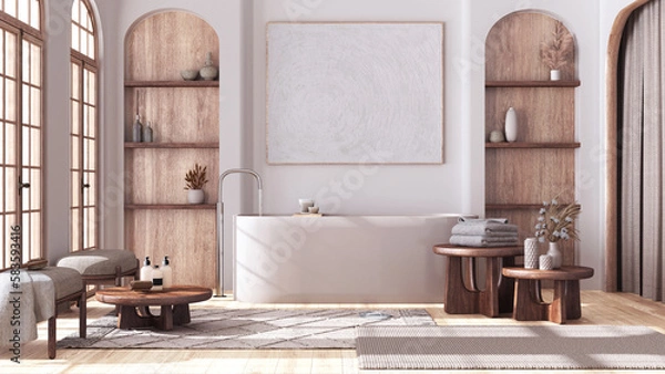 Fototapeta Bleached wooden bathroom in boho style with arched door and windows, parquet floor. Freestanding bathtub, carpets and tables in white and beige tones. Modern interior design