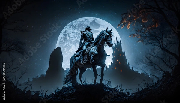 Obraz Medieval warrior with horse at night. Generative AI