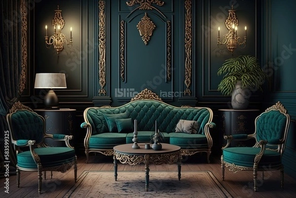 Fototapeta An opulent hotel lounge with refined decor and exquisite furnishings, curated to create a warm and inviting atmosphere. Generative AI.