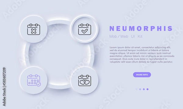 Fototapeta Calendar set icon. Days of the week, reminder, important day, month, year, alarm anniversary, date management, tick, cross. Punctuality concept. Neomorphism style. Vector line icon for Business