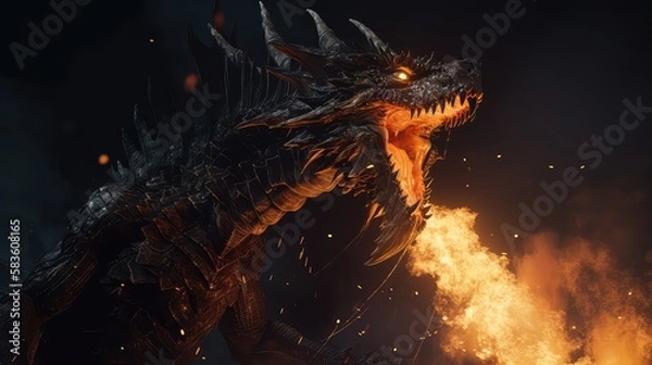 Fototapeta Fire breathes explode from a giant dragon in a black night. Generative Ai