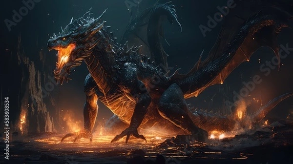 Fototapeta Fire breathes explode from a giant dragon in a black night. Generative Ai