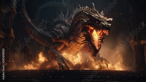 Fototapeta Fire breathes explode from a giant dragon in a black night. Generative Ai