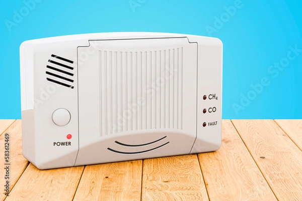 Fototapeta Carbon monoxide detector on the wooden table, 3D rendering