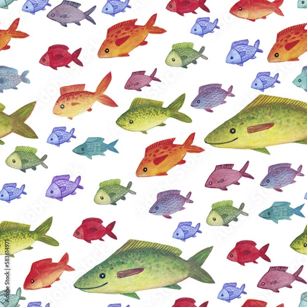 Fototapeta Seamless pattern with watercolor fishes on a white background.