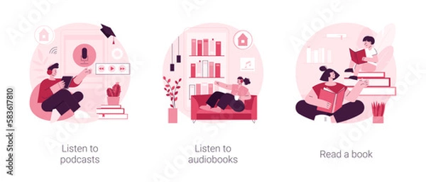 Fototapeta Free time while coronavirus quarantine ideas abstract concept vector illustration set. Listen to podcasts or audiobooks, read a book with children, audio programmes, home library abstract metaphor.