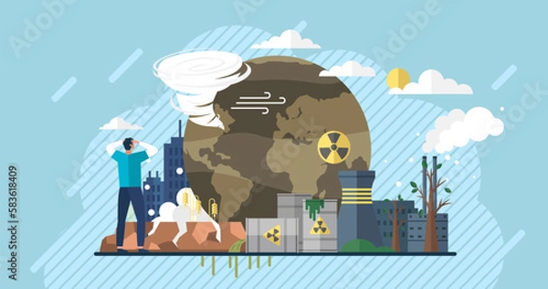Fototapeta Ecological problem. Planet Earth is full of rubbish. Save the planet. Earth Day. Restoration of ecology of the planet. Toxic waste. Emissions from factories. Changing of the climate. Waste pollution