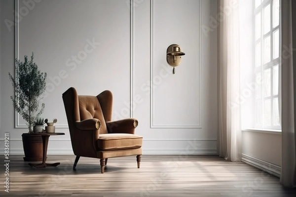 Fototapeta Interior de una vivienda con un elegante sillón, pared vacía en el fondo y algunos elementos de decoración, estilo minimalista. IA generative