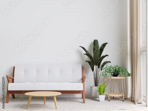 Obraz big white living room.interior design,white sofa,wooden table,carpet,tree,wall for mock up and copy space.