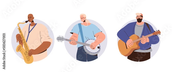 Fototapeta Street musicians playing creative music using guitar, banjo and saxophone giving outdoor performance