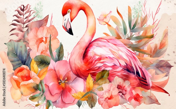 Obraz Watercolor pink flamingo with tropical leaves and flowers.Generative AI technology.
