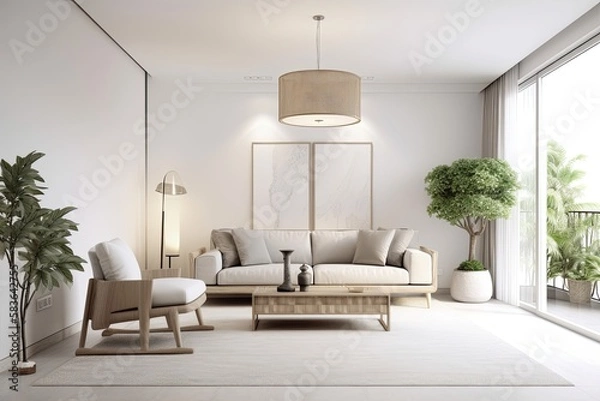 Fototapeta Nice modern living room with balcony interior design with comfy sofa, simple coffee table, elegant lamps, bookcase, and frame mockup on white wall,. Generative AI