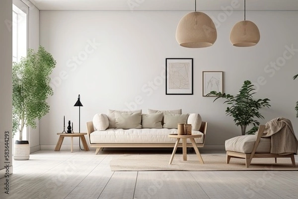 Obraz Modern living room with vacant white wall and beige couch,. Generative AI